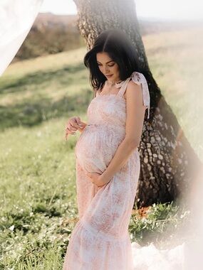 Smocked Tie-Shoulder Maternity Maxi Dress in light lilac